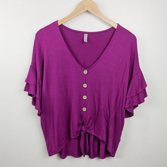Magenta Ruffle Button Tie Top - Picture 2 of 4